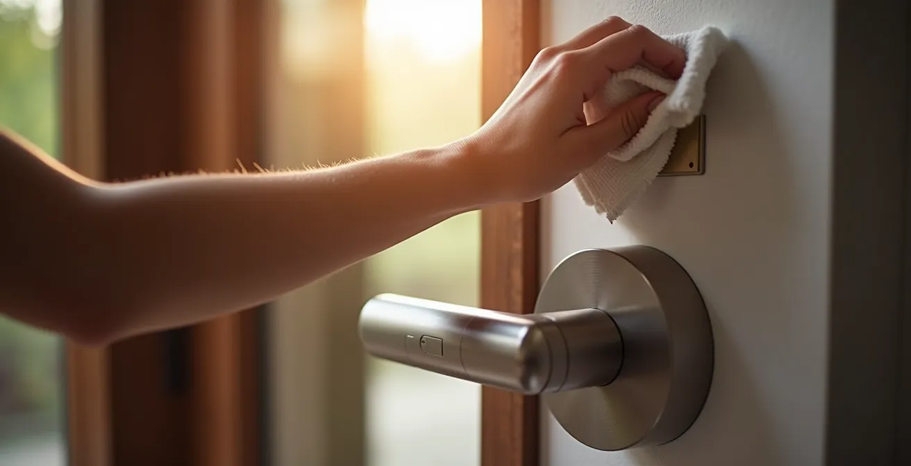 Main nettoyant délicatement un capteur d'empreinte digitale avec un chiffon