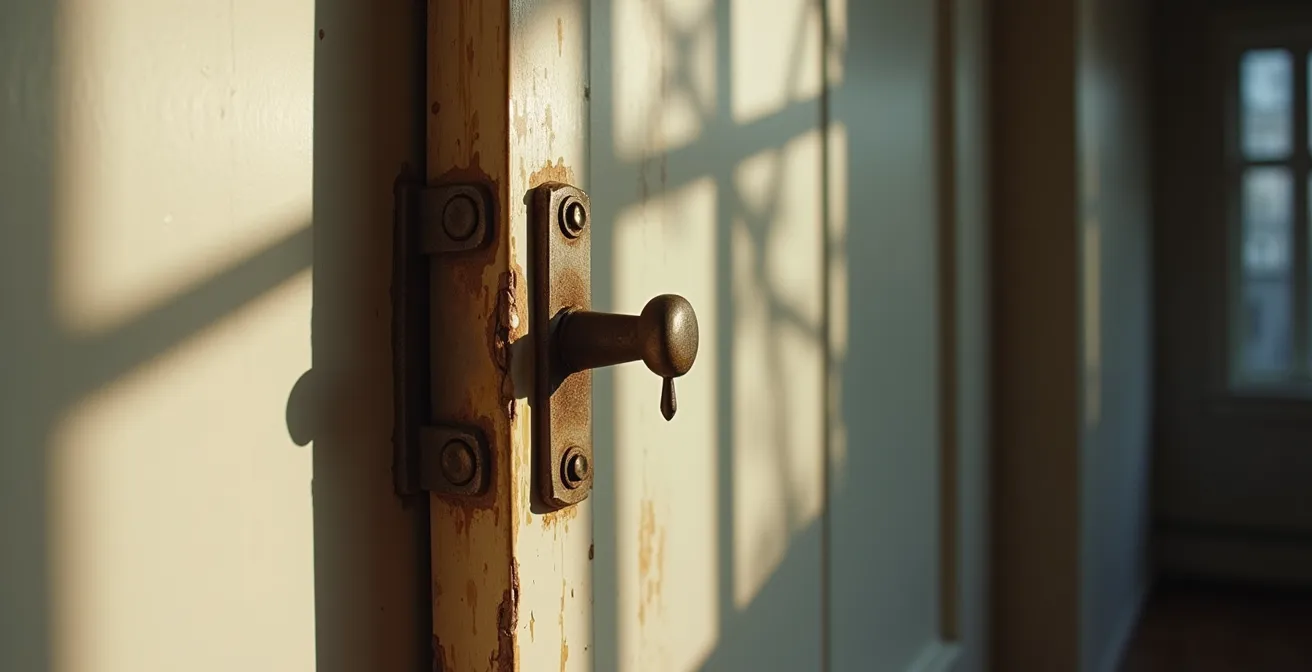 Vue rapprochée montrant les signes d'usure et de vulnérabilité sur des paumelles de porte standard