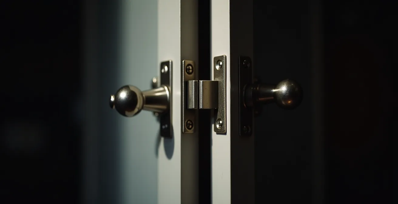 Détail technique montrant un mauvais alignement entre l'ergot anti-dégondage et son logement sur une porte