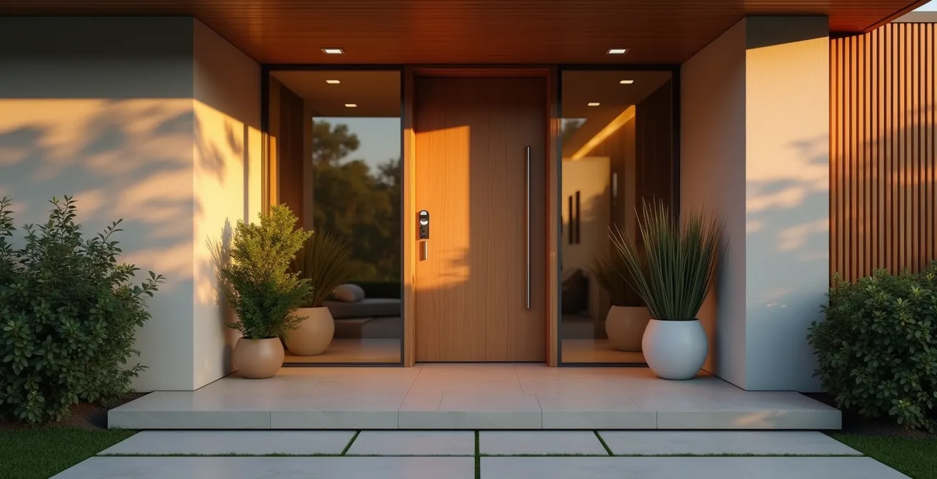 Vue d'ensemble d'une entrée moderne équipée d'une serrure biométrique