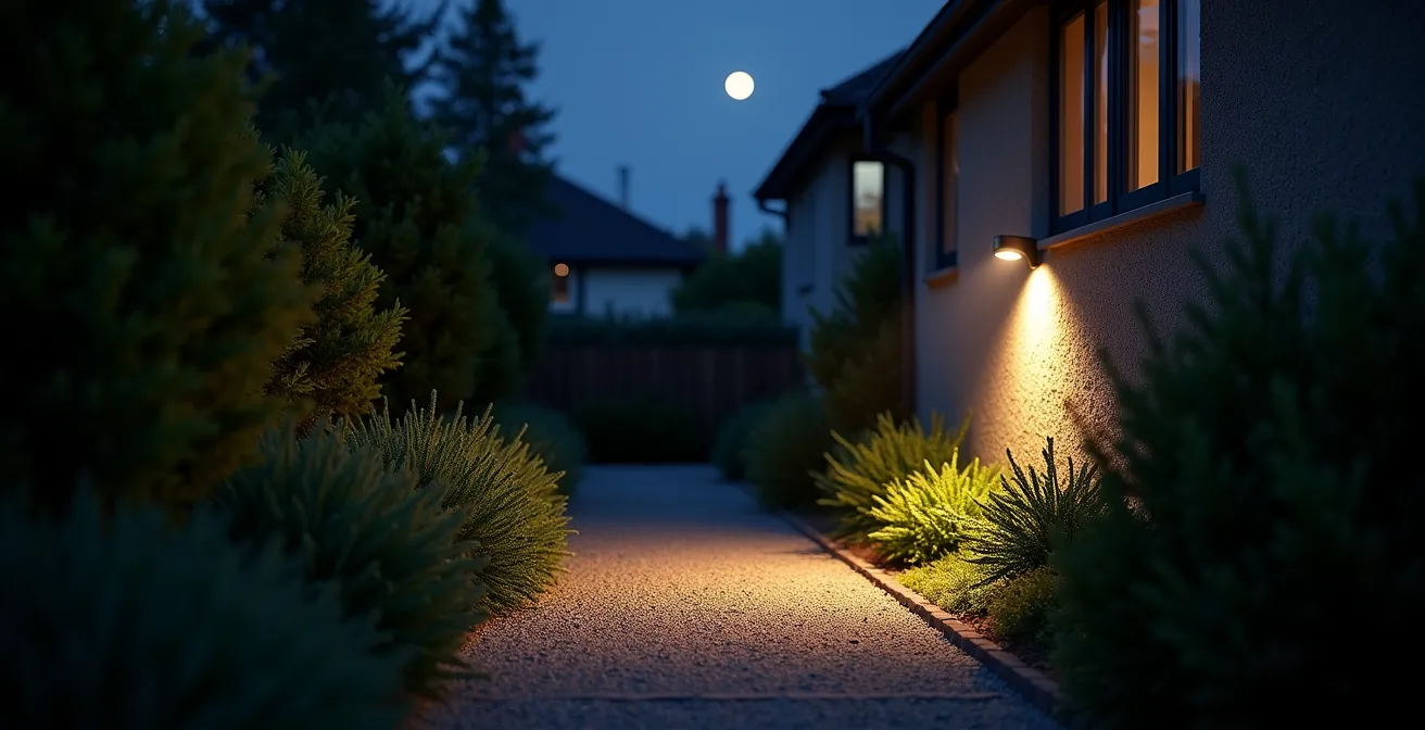 Vue nocturne d'un jardin avec éclairage à détection et haies défensives