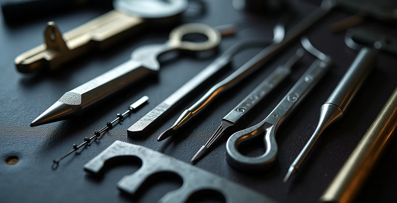 Kit professionnel d'extraction avec différents types de crochets et ardillons sur surface métallique