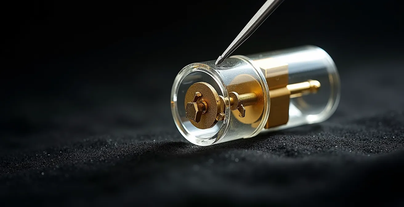 Vue en coupe d'une serrure transparente montrant le mécanisme des goupilles