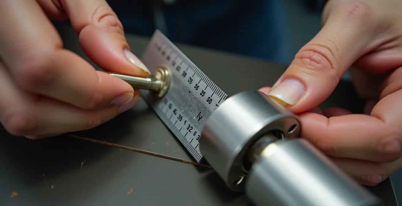 Mesure d'un cylindre de serrure avec une règle métallique montrant les dimensions
