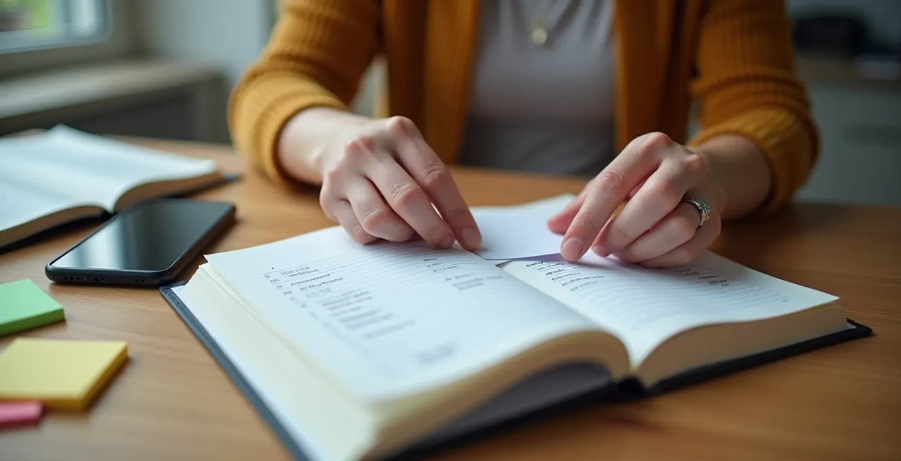 Gros plan sur des mains organisant des fiches contacts d'urgence avec téléphone et carnet d'adresses sur table