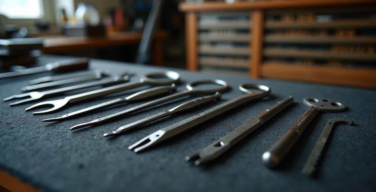 Ensemble d'extracteurs de clé professionnels disposés sur table de travail avec différents types de crochets et lames