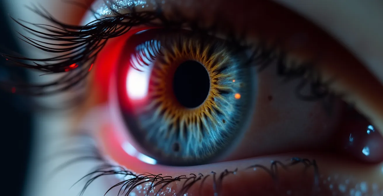 Vue macro d'un œil humain scanné par lumière infrarouge montrant les vaisseaux sanguins