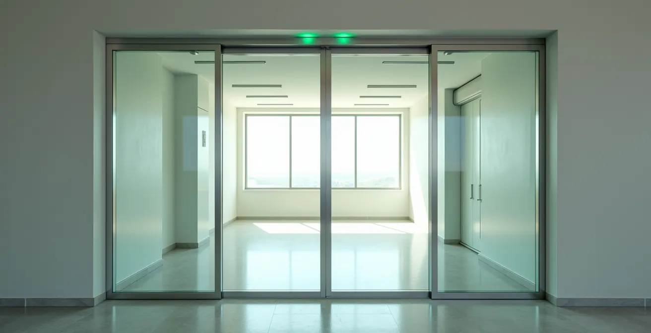 Vue architecturale d'un système de sas de sécurité avec deux portes créant une zone tampon contrôlée.