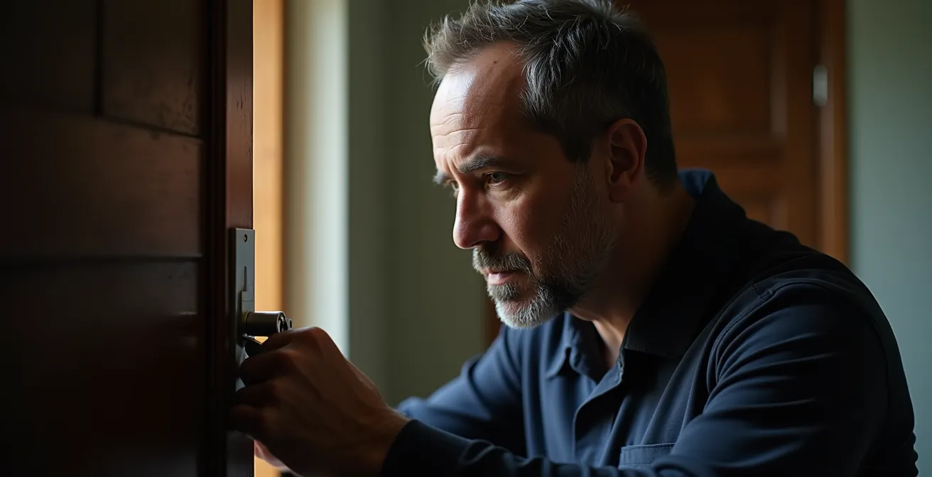 Serrurier professionnel examinant une serrure de porte avec concentration et outils spécialisés