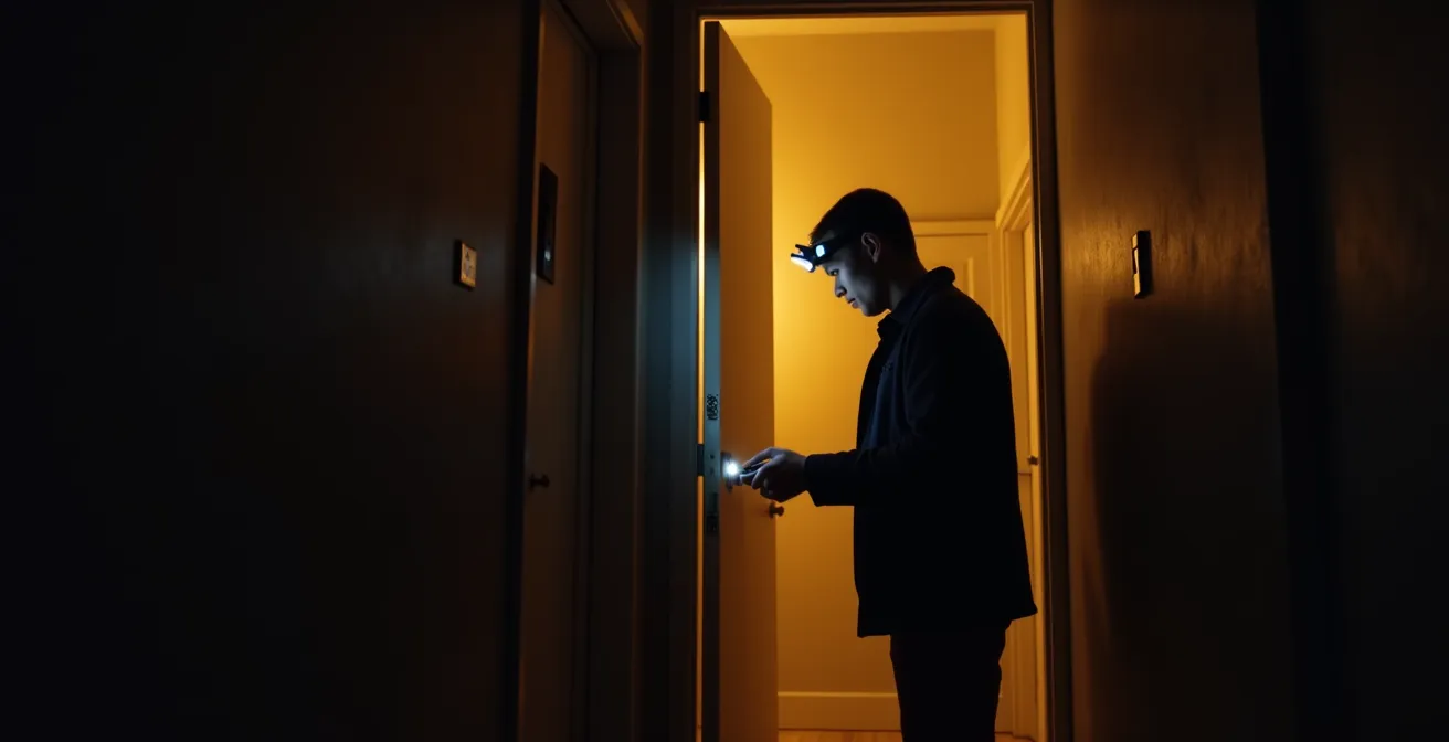Serrurier intervenant de nuit avec éclairage d'appoint sur une serrure