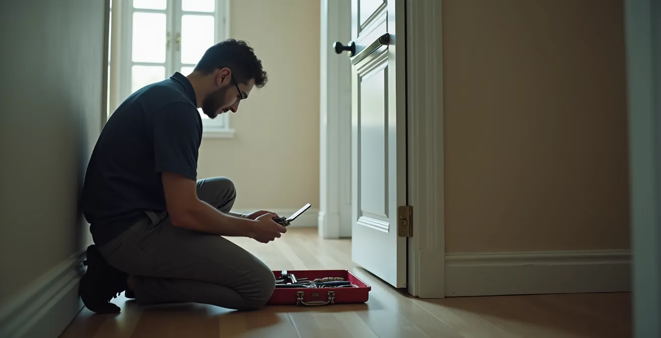 Serrurier professionnel concentré utilisant des outils spécialisés sur une serrure de porte