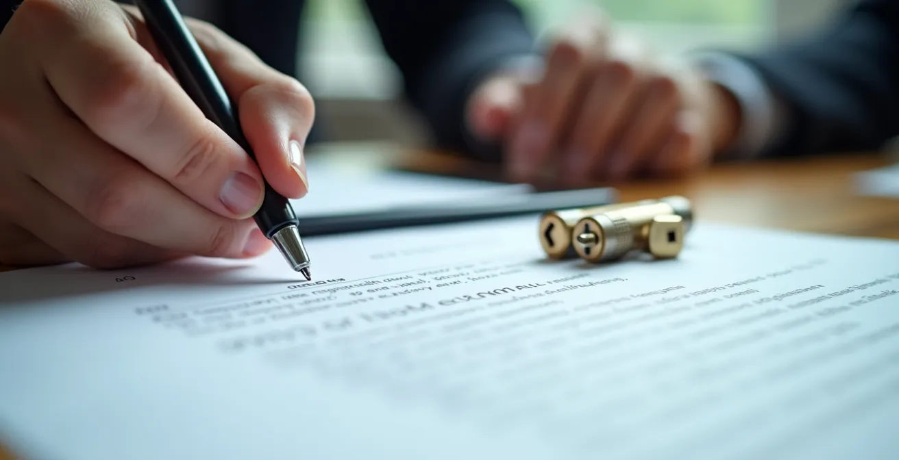 Main signant un document avec serrure et clés en arrière-plan flou