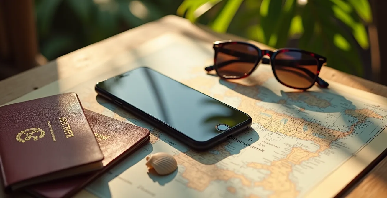 Smartphone posé face cachée sur une table avec passeport et lunettes de soleil