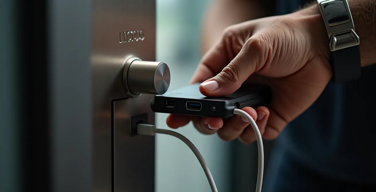 Gros plan sur une main utilisant une batterie externe pour alimenter une serrure biométrique