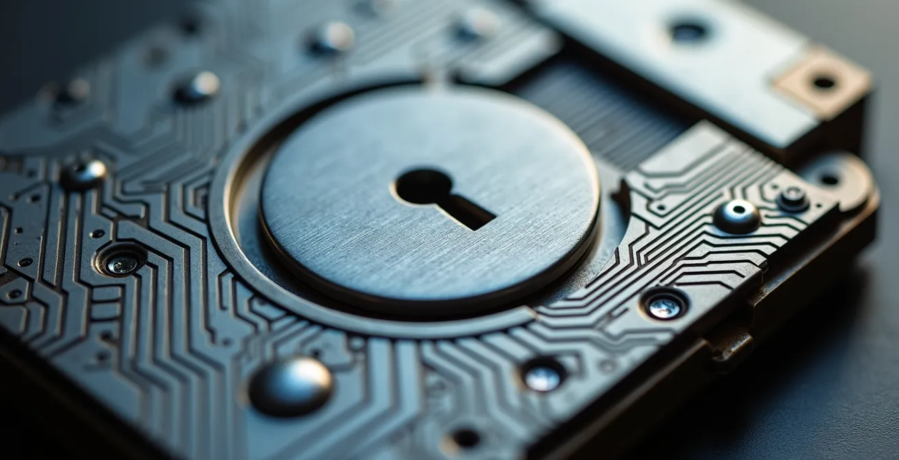 Gros plan sur un module de stockage sécurisé d'une serrure biométrique avec éléments de protection