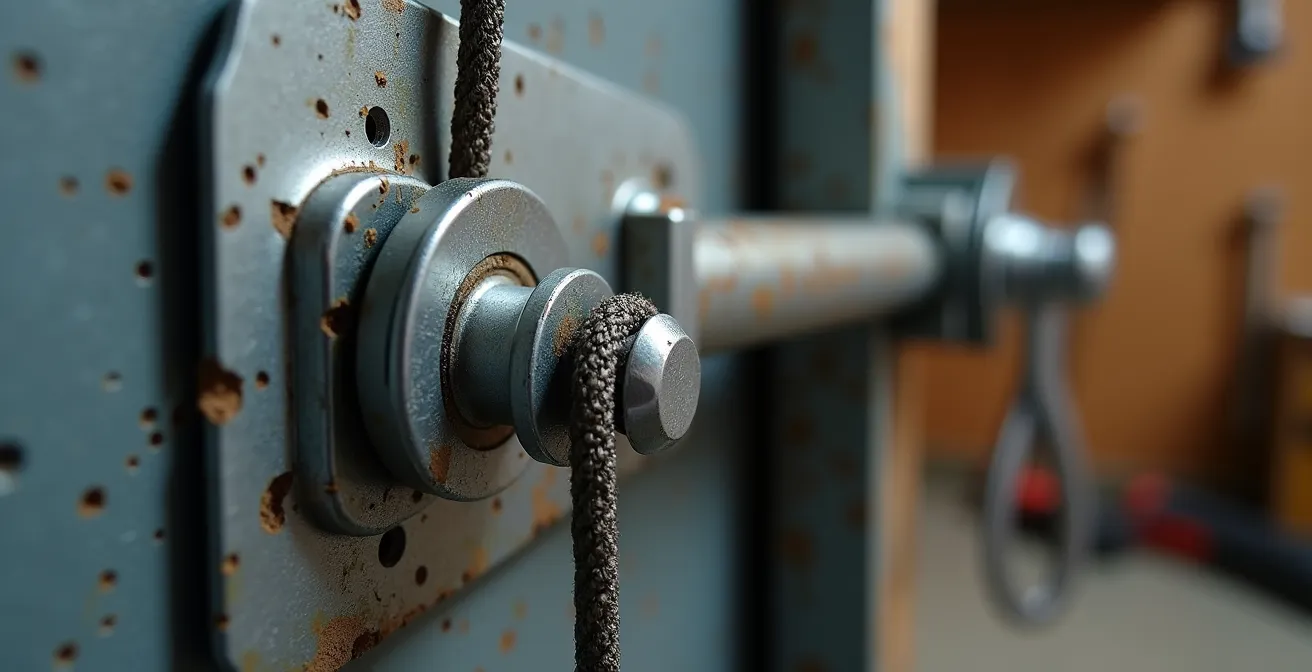 Gros plan sur le mécanisme de déverrouillage d'urgence d'une porte de garage avec protection