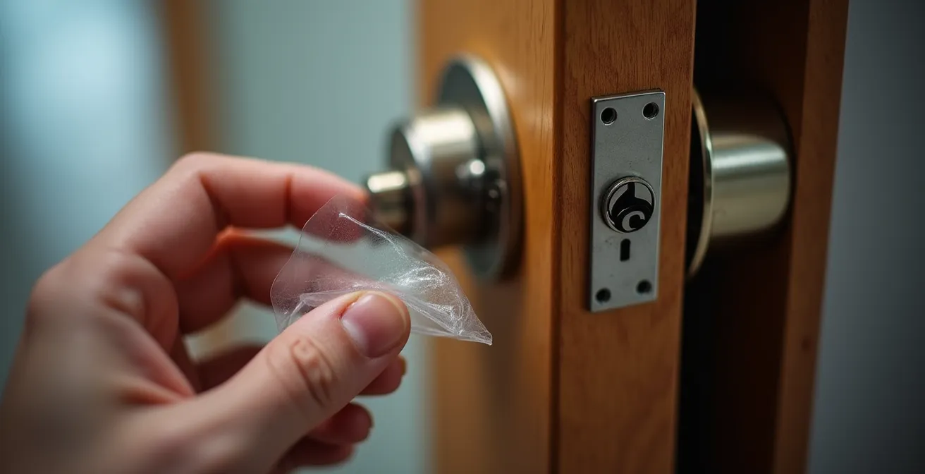 Gros plan sur une main tenant une feuille de plastique souple près d'une serrure de porte