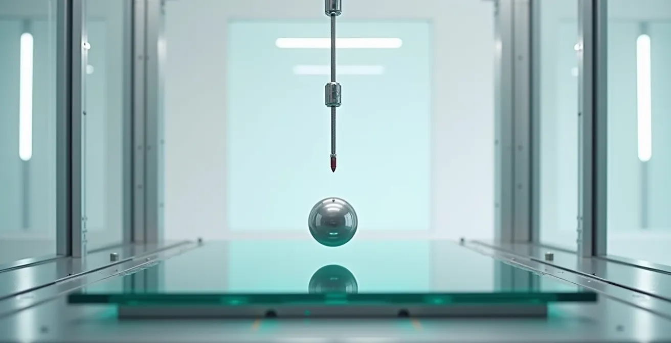 Test de résistance d'un vitrage anti-effraction selon la norme EN 356 avec bille d'acier et impact contrôlé