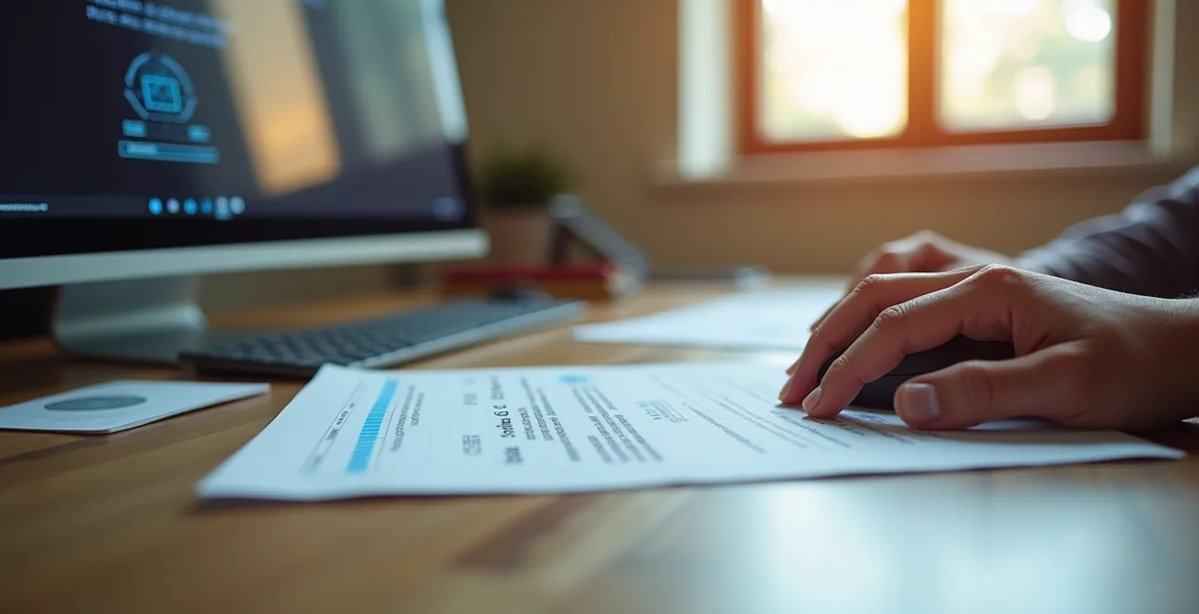 Mains vérifiant des certifications sur un écran d'ordinateur avec documents officiels sur le bureau