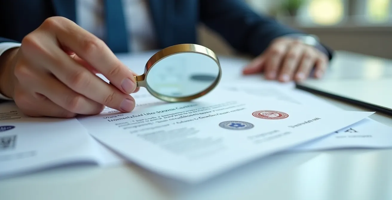 Vue d'ensemble d'un bureau avec documents administratifs professionnels étalés pour vérification