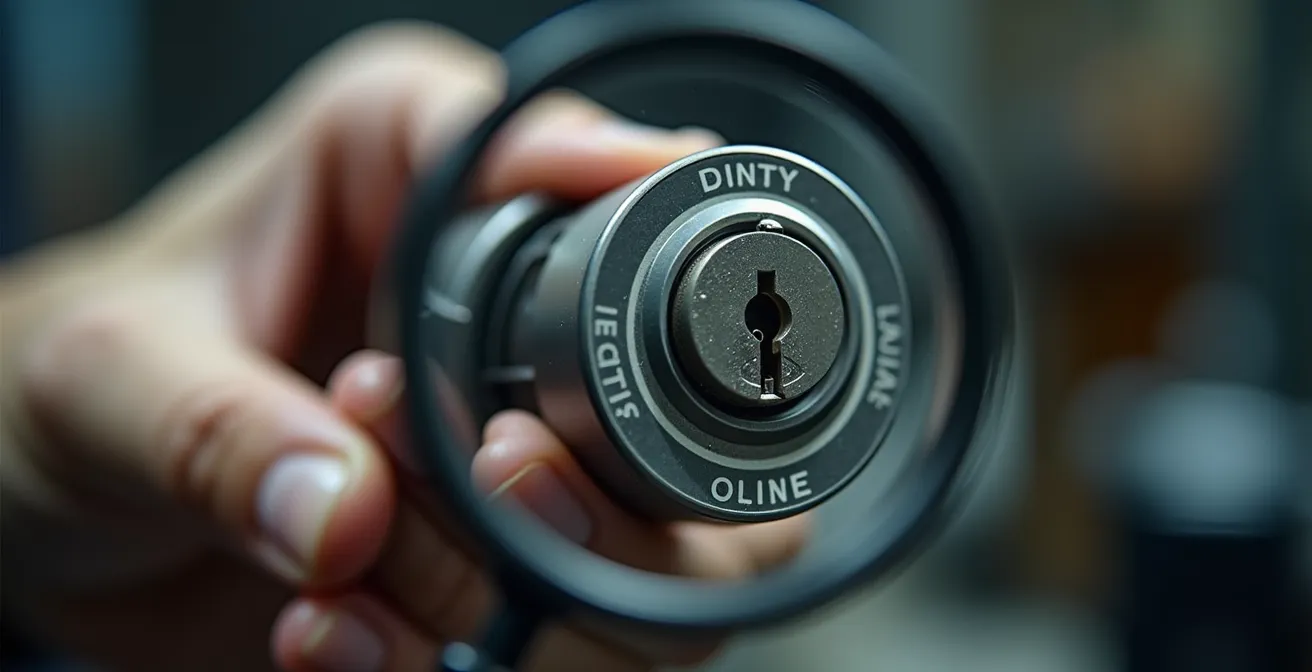 Main tenant un cylindre de serrure avec une loupe examinant les détails de certification