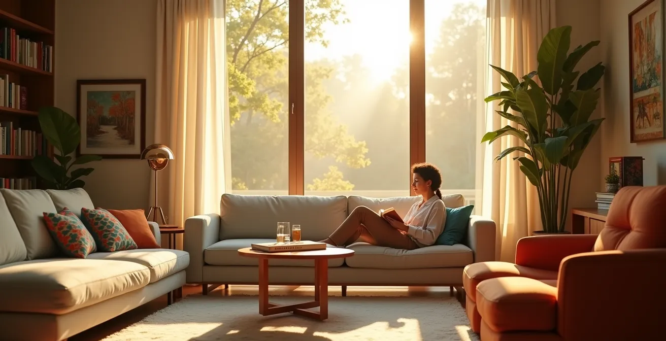 Intérieur lumineux protégé par vitrage feuilleté montrant l'absence de décoloration sur les meubles et textiles